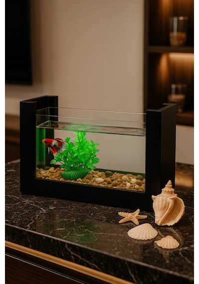 Reyo Ok-ay Store Beta Balığı İçin Ahşap Mini Akvaryum Modern Şık Doğal Minimal Tasarım Akvaryum Siyah