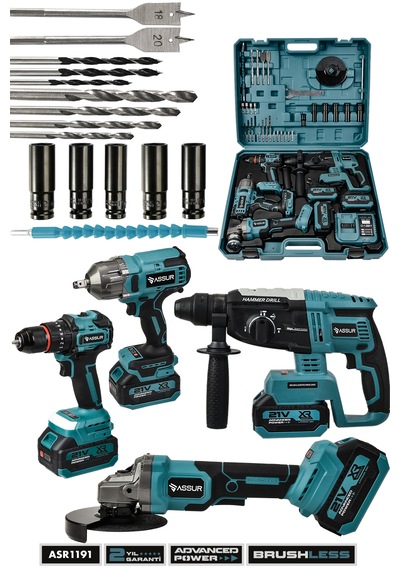 Assur ASR1191 21V Darbeli Kömürsüz 4'lü Set Mavi
