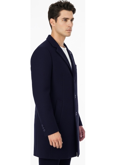 Süvari Slim Fit Sivri Yaka Erkek Koyun Yünlü Kaban Lacivert