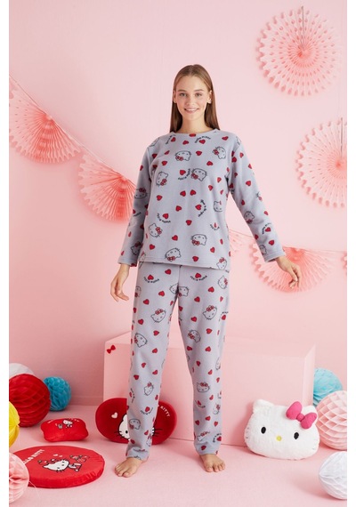 Siyah İnci Lisanslı Polar Çok Renkli Bisklet Yaka Pijama Takım Hk316 Gri