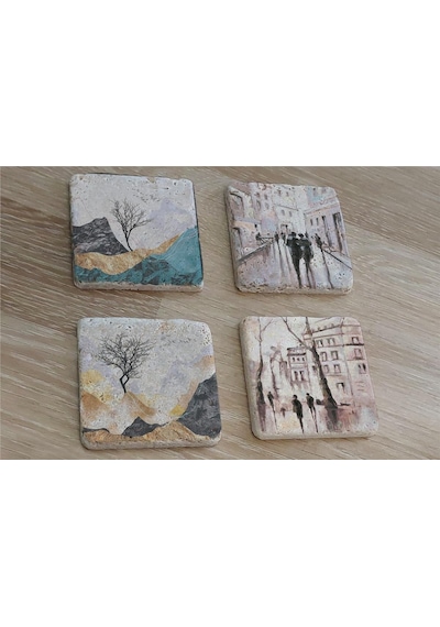 Modern Şehir Ve Manzaralar Doğal Taş Bardak Altlığı 4'lü Set - Natural Stone Coasters - Taş Çok Renkli