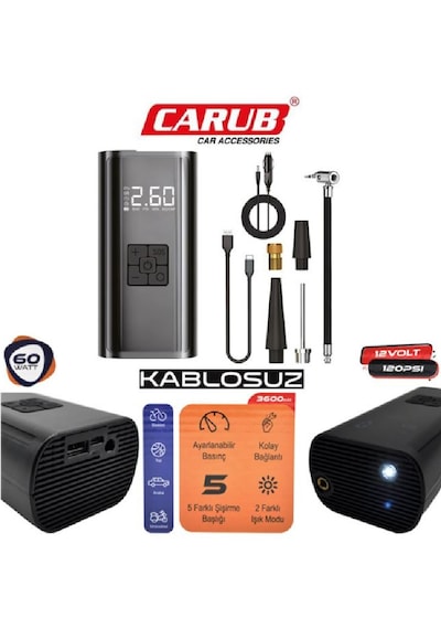 Carub Hava Kompresörü Şarjlı Kablosuz Dijital 12V 60w 120Psi 3600mAh Usb/Type C