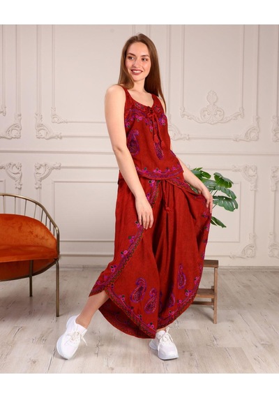 Bohem Stil Otantik Nakış İşlemeli Harem Şalvar Pantolon Buluz Takım-8816 Kiremit