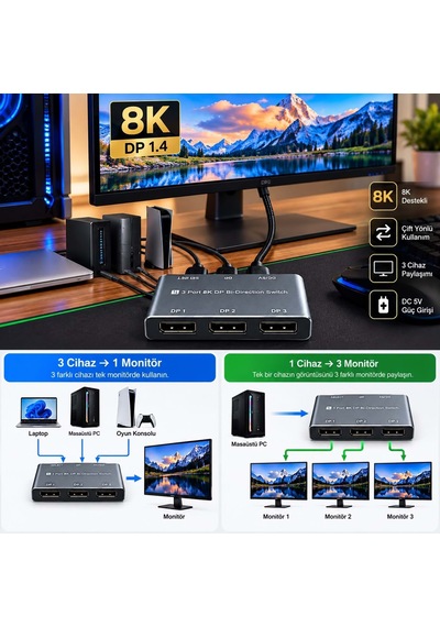 Büro Ev Ofis Cihazları İçin 3port 8k Dp Switch