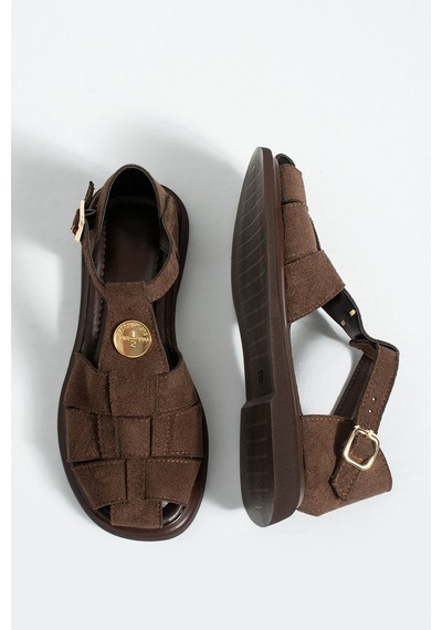 Duxal Shoes Frank Kadın Süet Kafes Sandalet - Yumuşak Tabanlı Tokalı Sandalet Acıkahve
