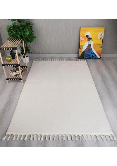 Krem Fluffy Düğüm Saçaklı Post Peluş Halı Kaymaz Taban