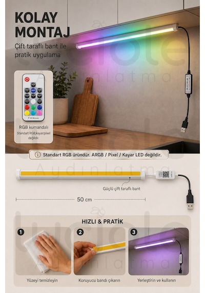 50 Cm Rgb Led Bar Rf Kumandalı Usb Renk Değiştiren Yapışkanlı Gaming Masa Dolap Raf Aydınlatma
