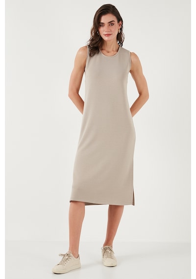 Lela Regular Fit Bisiklet Yaka Yırtmaç Detaylı Basic Midi Bayan Elbise 5866160 Taş