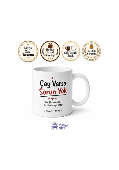Çay Varsa Sorun Yok Komik Baskılı Kupa - Hediye Bardak Beyaz / Çok Renkli