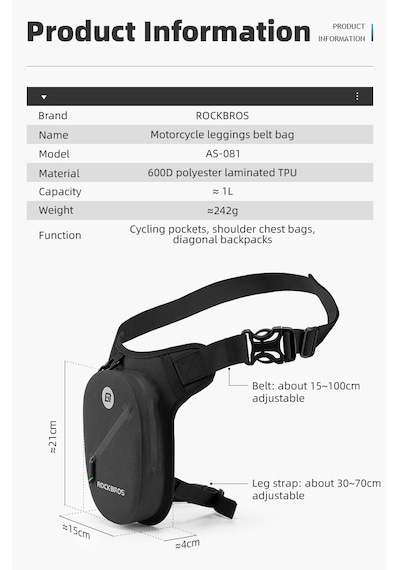 Rockbros Sert Kabuk Reflektörlü Motosiklet Bacak & Göğüs Çantası Siyah