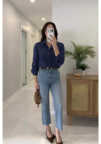 Lijuri Siyah Oversize Keten Gömlek 3510 Lacivert