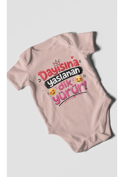 Morivokids Dayısına Yaslanan Dik Yürür Kısa Kollu Bebek Body %100 Pamuk Zbn255-kk Pastel Pembe