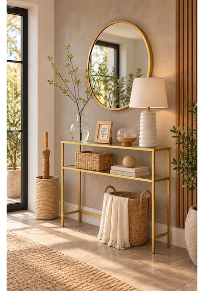 Teknor Gold Çerçeveli Şeffaf Cam Raflı Dresuar Modern Salon Ve Antre Konsolu 100 90 20 Cm