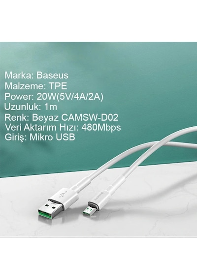 Baseus Mini White Micro Usb 4a Oppo Vıvo Dash Usb Şarj Kablosu 1metre- 5775 Mh-hs6310-8504