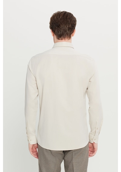AC&Co / Altınyıldız Classics Erkek Bej Pamuklu Tailored Slim Fit Dar Kesim Klasik Yaka Armürlü Cepli Gömlek Bej
