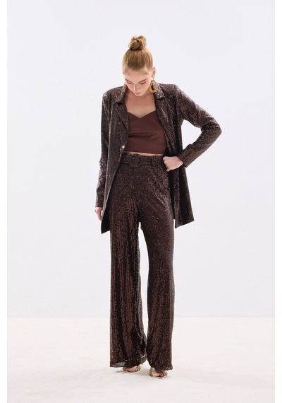 Sateen Kemerli Payet Pantolon - Kahve-136685 Kahve