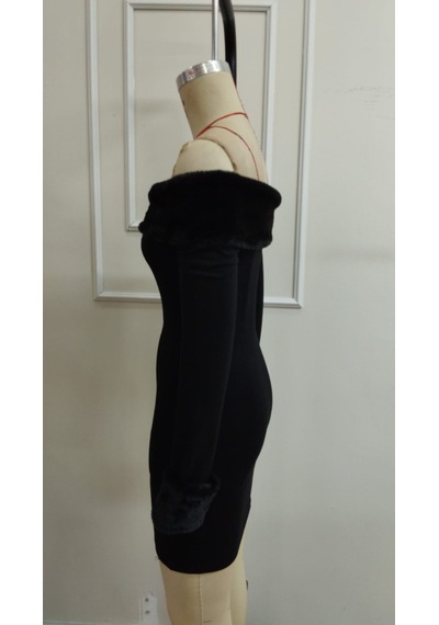 Bhrwear Kadın Modanna Kürk Yakalı Kısa Modal Elbise Renkli