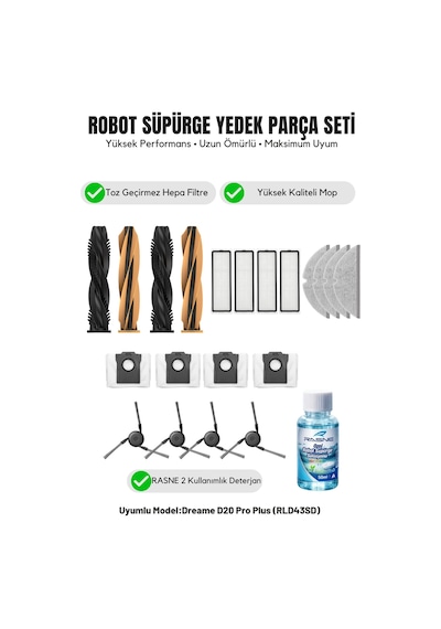 Dreame D20 Pro Plus Rld43sd İle Uyumlu 2 Ana Fırça 4 Yan Fırça 4 Filtre 4 Mop 1 Deterjan 4 Toz Torbası 8.0