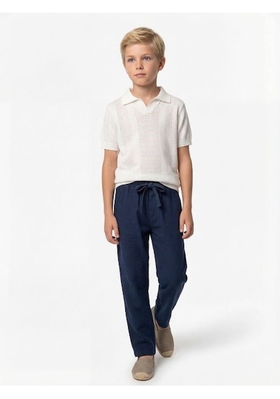 Zekids Erkek Çocuk İnce Triko Yakalı Tasarım T-shirt-17167 Beyaz