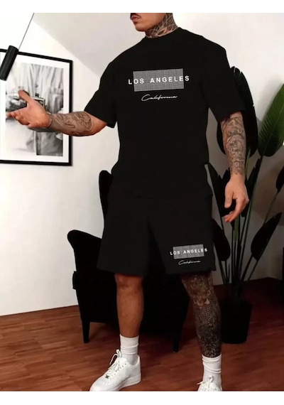 Unisex Oversize Los Angeles Baskılı Siyah Bisiklet Yaka T-shirt Şort Siyah Unisex Oversize Los Angeles Baskılı Siyah Bisiklet Yaka T-shirt Şort Siyah
