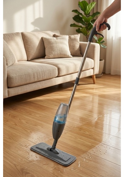 Sprey Mop Su Hazneli Tetiklemeli Mikrofiber Moplu Paslanmaz Çelik Saplı Düz Tablet Paspas