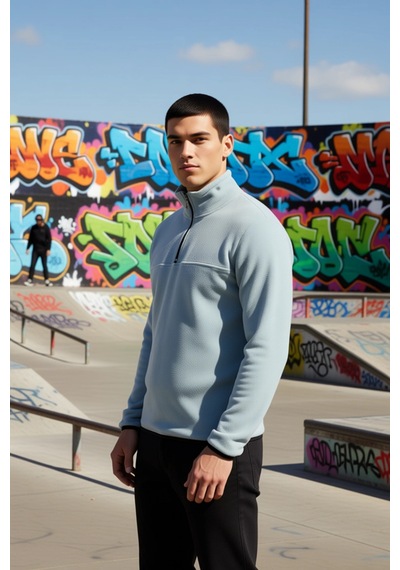 Benerly Erkek Dik Yaka Fermuarlı Standart Kol Polar Sweatshirt Fonksiyone Mint