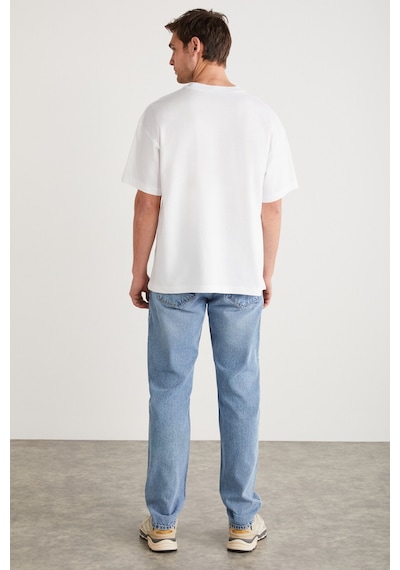 Grimelange Antonıo  Erkek Baskı Detaylı %100 Organik Pamuk Örme Oversize Beyaz T-shirt
