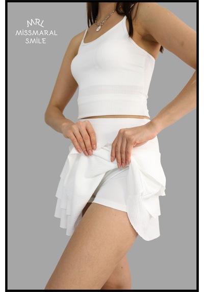 Mykonos Etek Ekru / Beyaz Içte Sabit Şortlu Yüksek Bel Likralı Bürümcük Kumaş Skirt With Shorts 1101 Ekru / Beyaz