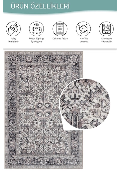 Stonart Eskitme Vintage Desenli Gri Otantik Yıkanabilir Şönil Halı Al 453 gri