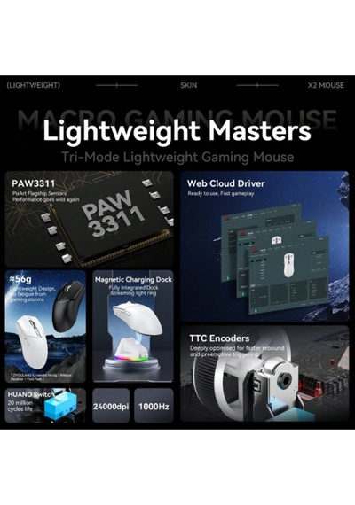 X2 Kablosuz 3 Modlu 24.000dpı Oyuncu Mouse Paw3311 Sensör Şarj İstasyon Grip Tape Ve Skatez  Diğer