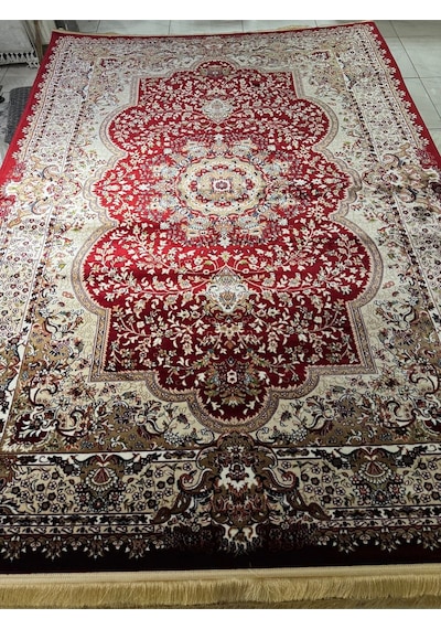 Asaryün Halı Ipek H3528 Bordo İpeksi Geleneksel Renkli Göbekli Klasik Desen Salon Halısı Modern Renkli