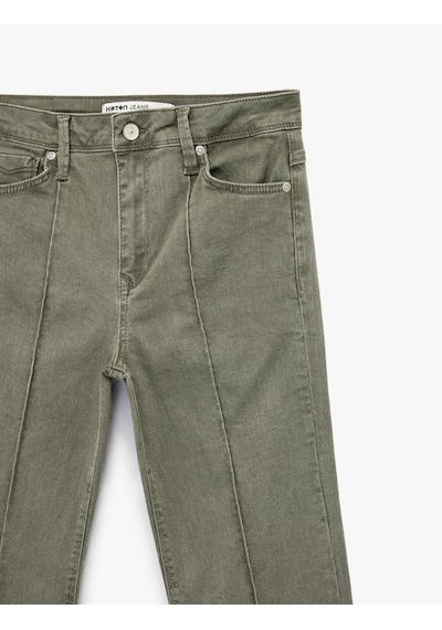 Koton Nervürlü Cepli Düğmeli İspanyol Paça Denim Pantolon - Flare Jeans Haki 6sal40080mw Haki