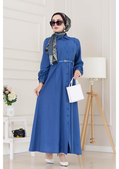 Sevitli Kemerli Tensel Elbise-indigo-5040 İndigo
