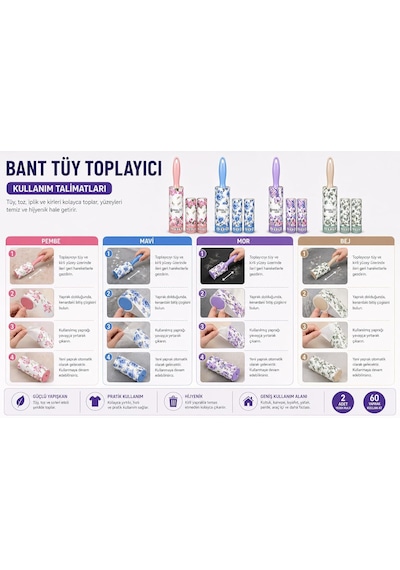 Saplı Tüy Toplayıcı Rulo Seti 2 Li Yedek Rulolu 60 Yaprak Kullan At Bantlı Güçlü Yapışkan Tem