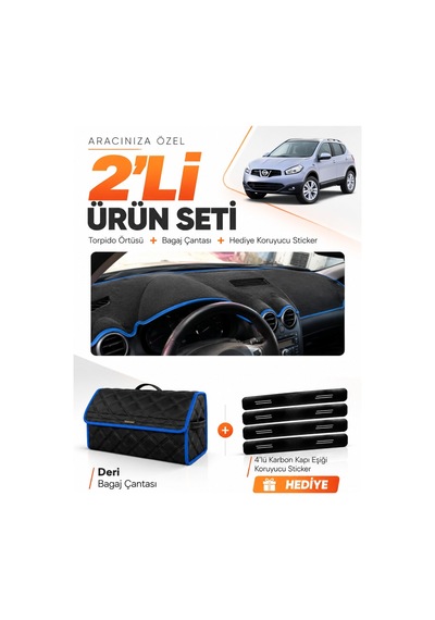 E-biz Nissan Qashqaı J10 2007-2014 Uyumlu Torpido Örtüsü + Deri Bagaj Çantası - Siyah-mavi - Nı016