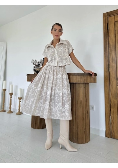 Defymoda Bej Gömlek Ve Etek Takım Bej