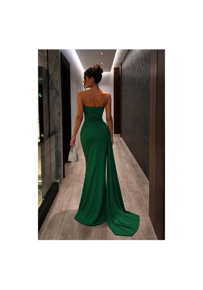DefyModa Kadın Şık Dik Yaka Payetli Maxi Uzun Kollu Abiye Elbise Zümrüt
