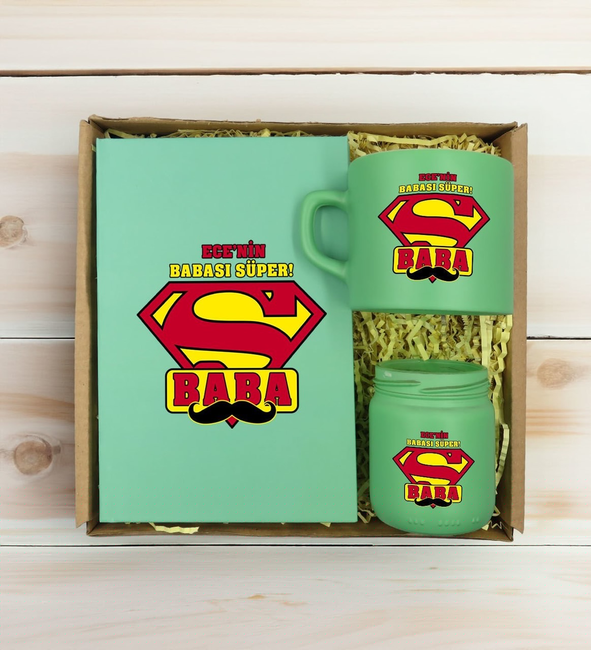 Bk Gift Kişiye Özel İsimli Dtf Baba Temalı Yeşil Defter + Kahve Fincanı + Mum Seti-1