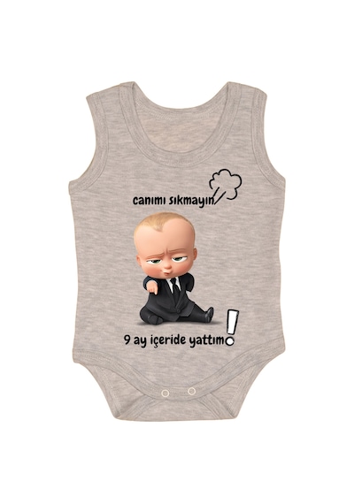 Bebetospik %100 Pamuk 9 Ay İçeride Yattım Baskılı Zıbın & Body Gri