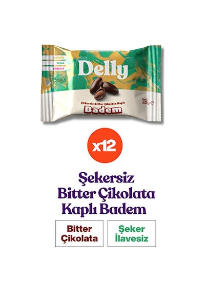 Delly Şeker İlavesiz Bitter Çikolata Kaplı Badem 12 x 40 G Delly Şeker İlavesiz Bitter Çikolata Kaplı Badem 12 x 40 G