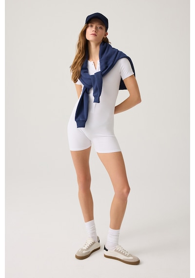 Los Ojos Beyaz Fitilli Kısa Kollu Kısa Tulum Short Romper Beyaz Beyaz