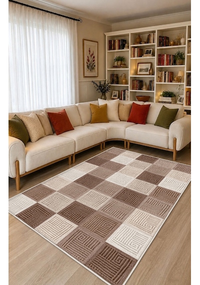 Kahverengi Dijital Baskı Halı Kaymaz Tabanlı Yıkanabilir Halı Yolluk Salon Halısı2153