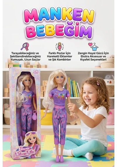 Elonna Urban Life Manken Bebek Seti - 30 Cm Hareketli Eklemli Modern Kıyafetli Moda Bebeği Mor