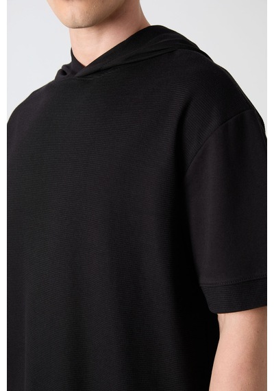 Tommy Life Siyah Pamuklu Kalın Yüzeyi Dokulu Oversize Fit Basic Erkek T-shirt - 88335 Siyah