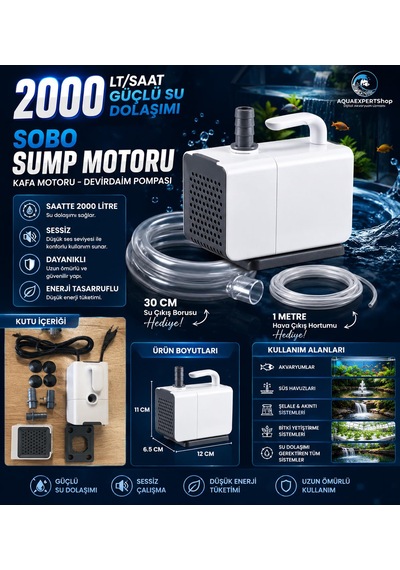 Sobo Sump Motoru - Kafa Motoru - Devirdaim Pompası - 2000 Lt/saat - 30 Cm Su Çıkış Borusu - 1 Metre Hava Hortumu Hediye