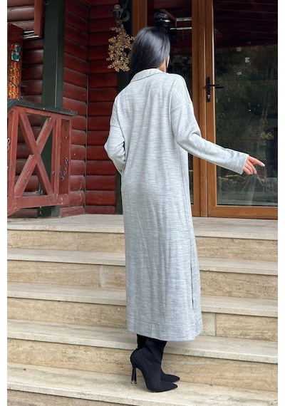 WeShaya Gri Polo Yaka, Uzun Kol, Yırtmaçlı, Salaş, Akrilik Örme Uzun Elbise Gri