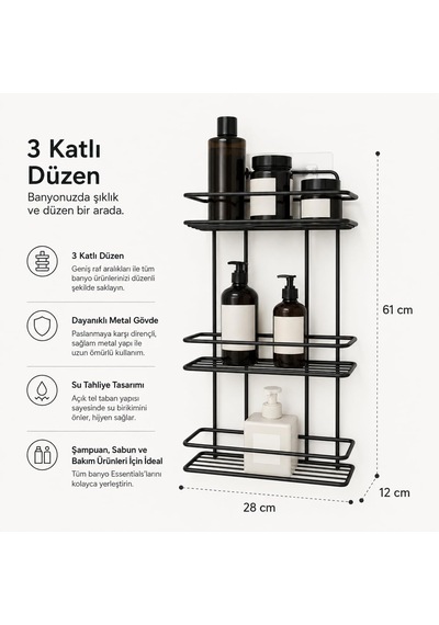 Alper Banyo 3 Katlı Siyah Düz Banyo Rafı, Yapışkanlı Ve Vidalı Montajlı Duş Rafı, Şampuanlık Ve Banyo Düzenleyici Raf Altın - Beyaz