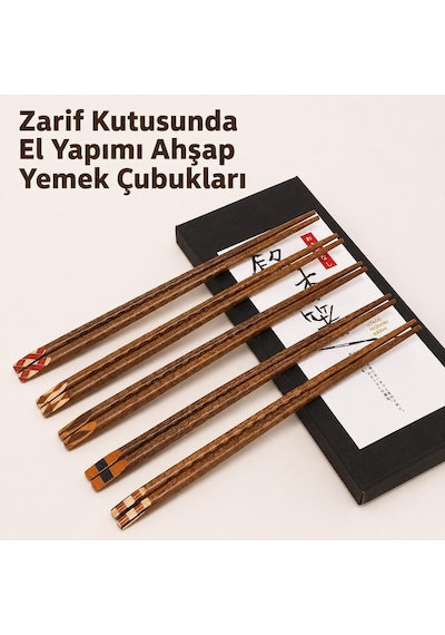Valkyrie 5 Çift Ahşap Japon Yemek Çubuğu Seti Kutulu 22,4 Cm El Yapımı Sushi Chopstick
