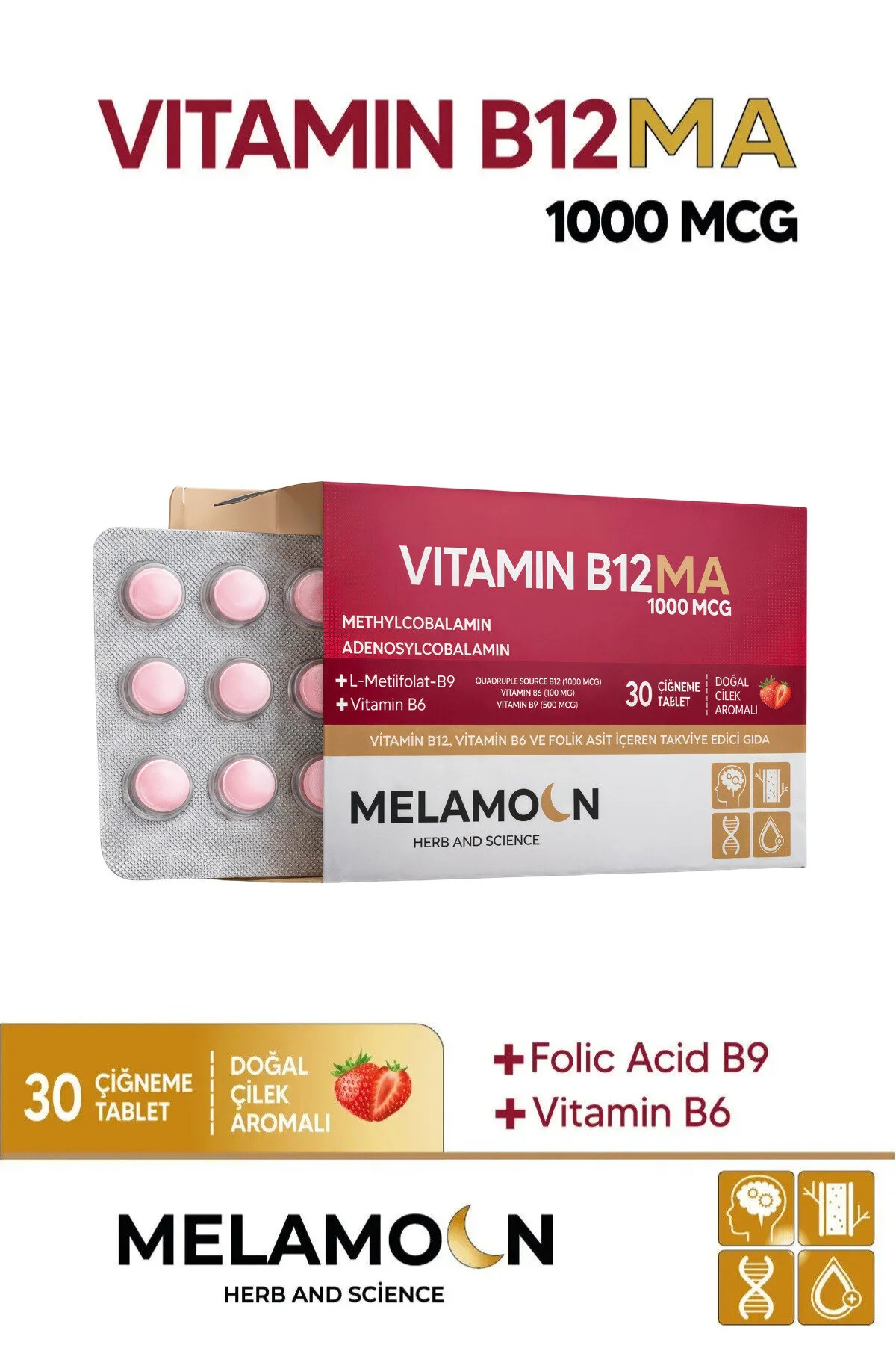 B12, B6 Ve Folik Asit: Sinir Sistemi, Kan Oluşumu Desteği 1000mcg 30'lu