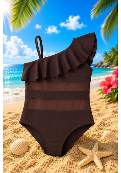 My Kids Wear Kız Çocuk Fırfır Ve Tül Detaylı Tek Parça Mayo. 12839 Kahverengi
